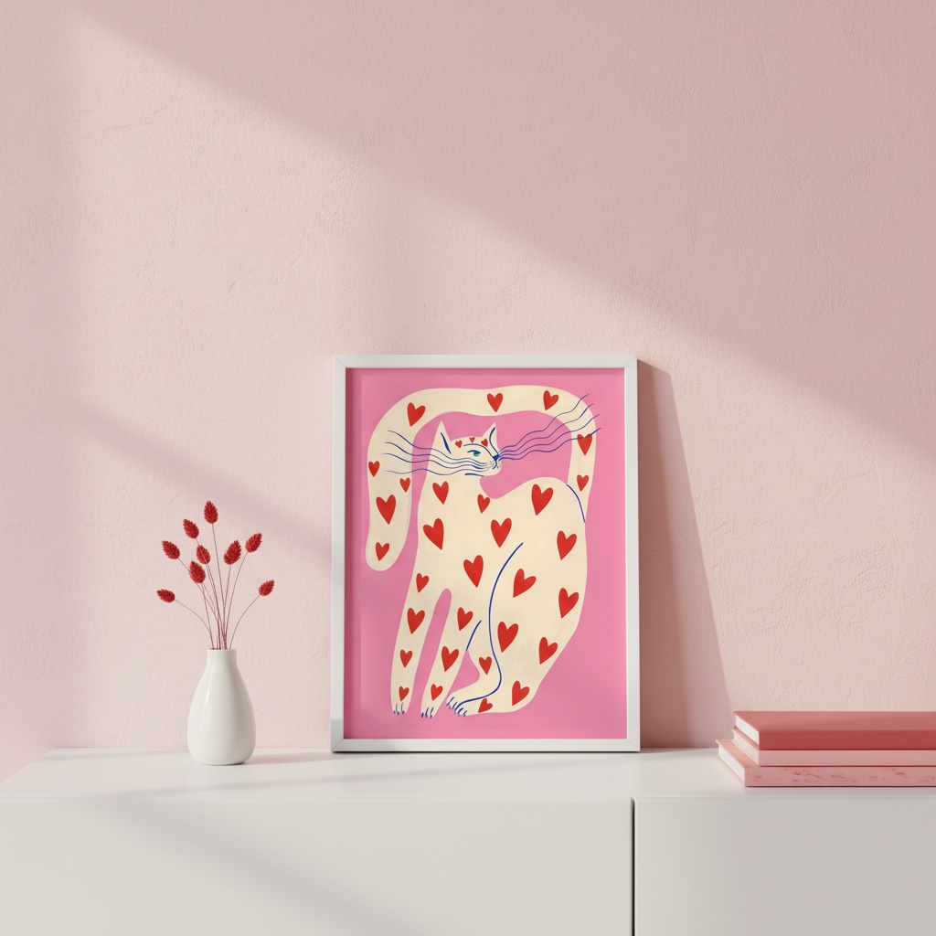 Quadro Arte Moderna Gato Rosa e Vermelho - Corações