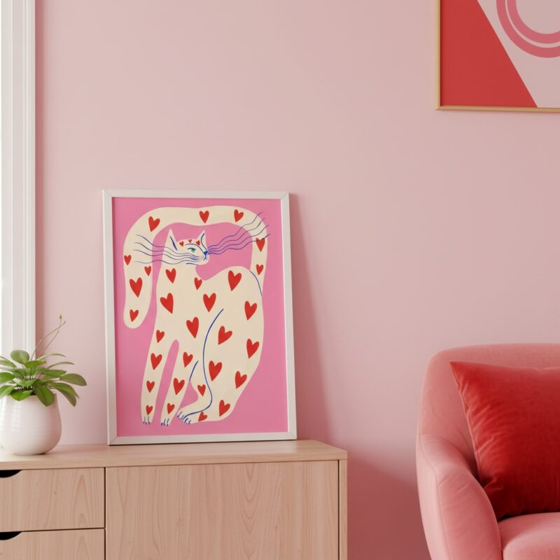 Quadro Arte Moderna Gato Rosa e Vermelho - Corações
