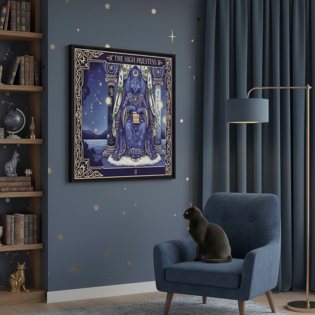 Quadro Carta Tarot Gatos A Sacerdotisa - 50x70 Cm