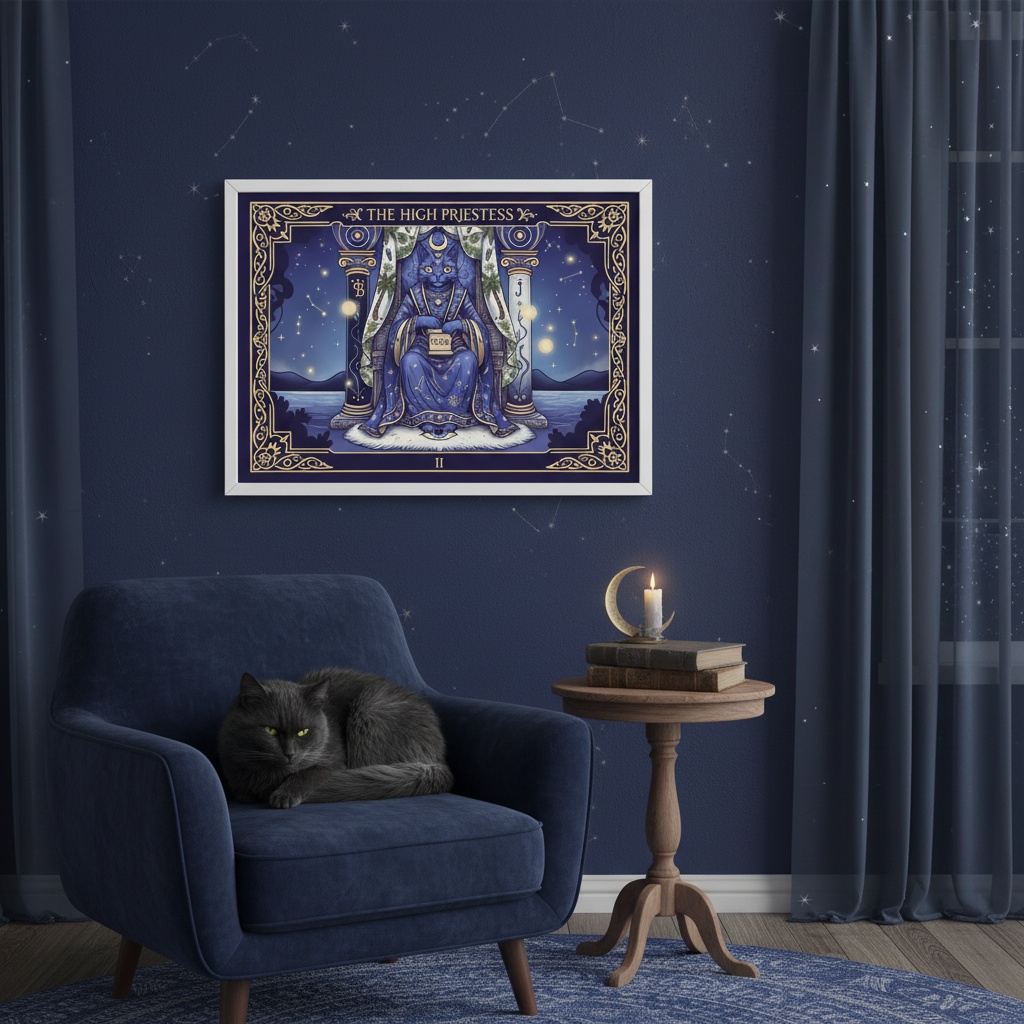 Quadro Carta Tarot Gatos A Sacerdotisa - 50x70 Cm