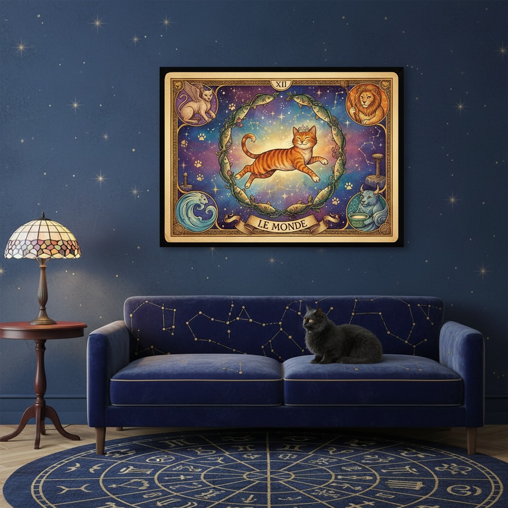 Quadro Carta Tarot Gatos O Mundo - 50x70 Cm