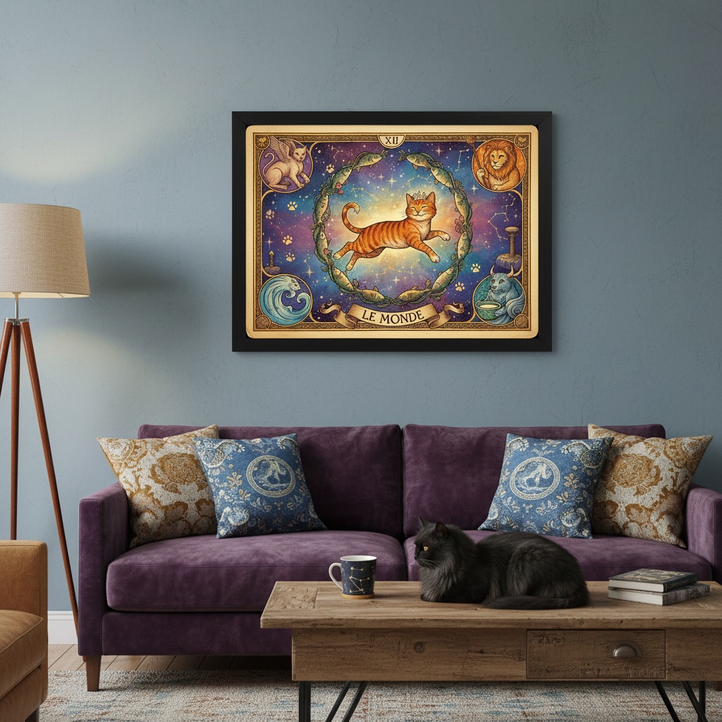 Quadro Carta Tarot Gatos O Mundo - 50x70 Cm