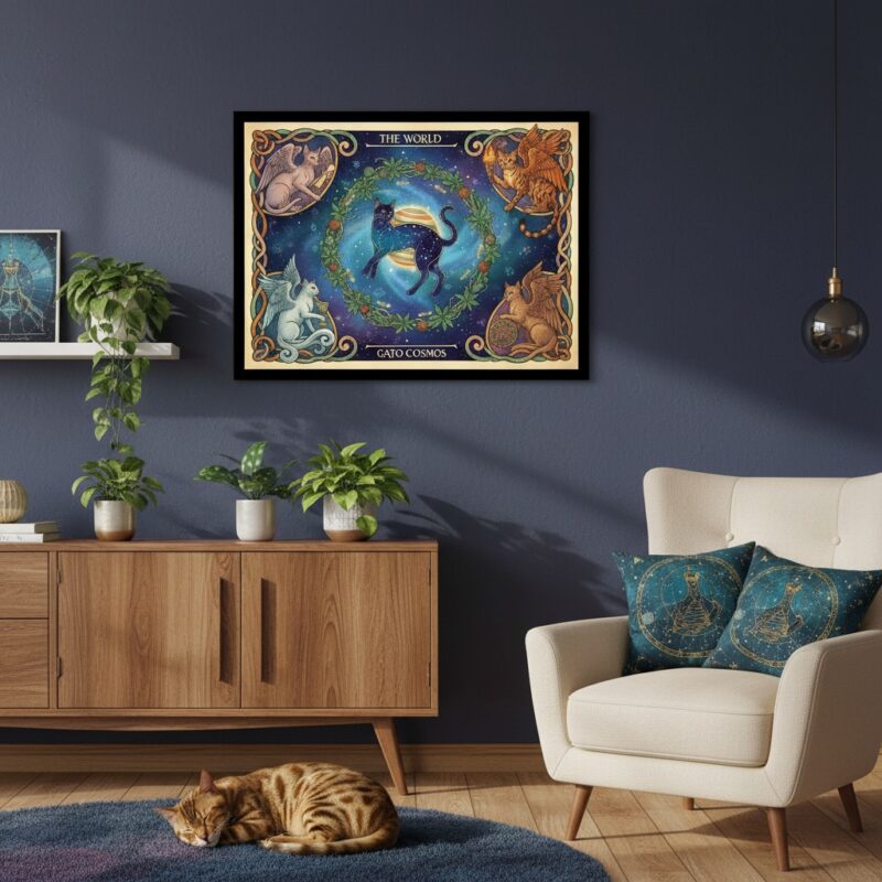 Quadro Carta Tarot Gatos O Mundo - Cosmos - 50X70 Cm