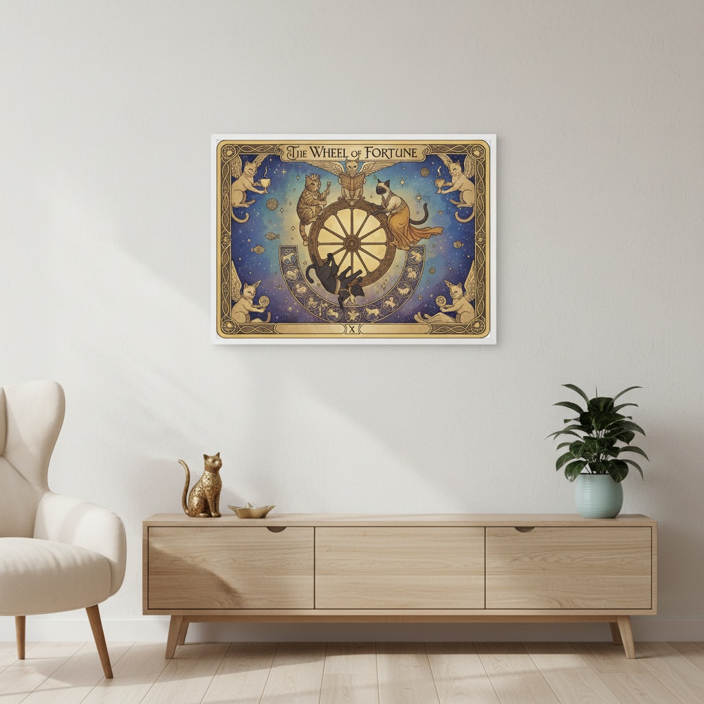Quadro Carta Tarot Gatos Roda da Fortuna - 50x70 cm