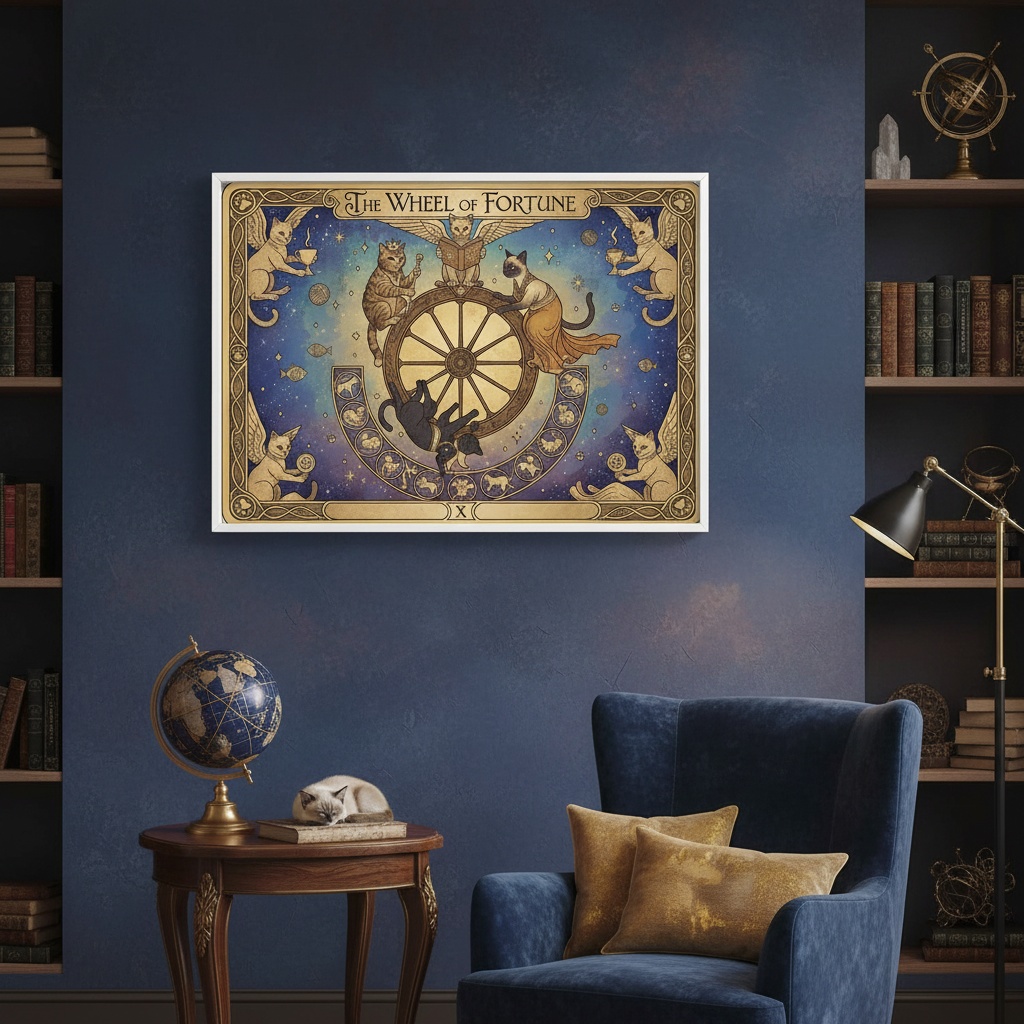 Quadro Carta Tarot Gatos Roda da Fortuna - 50x70 cm