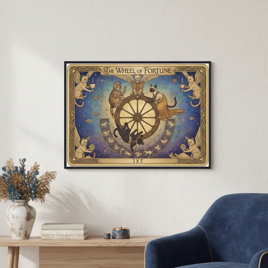 Quadro Carta Tarot Gatos Roda da Fortuna - 50x70 cm