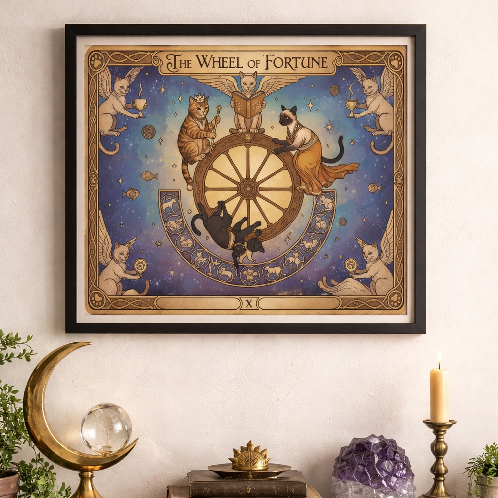 Quadro Carta Tarot Gatos - Roda da Fortuna