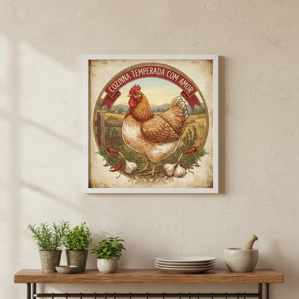 Quadro Country Cozinha Temperada Com Amor - 33x33 Cm