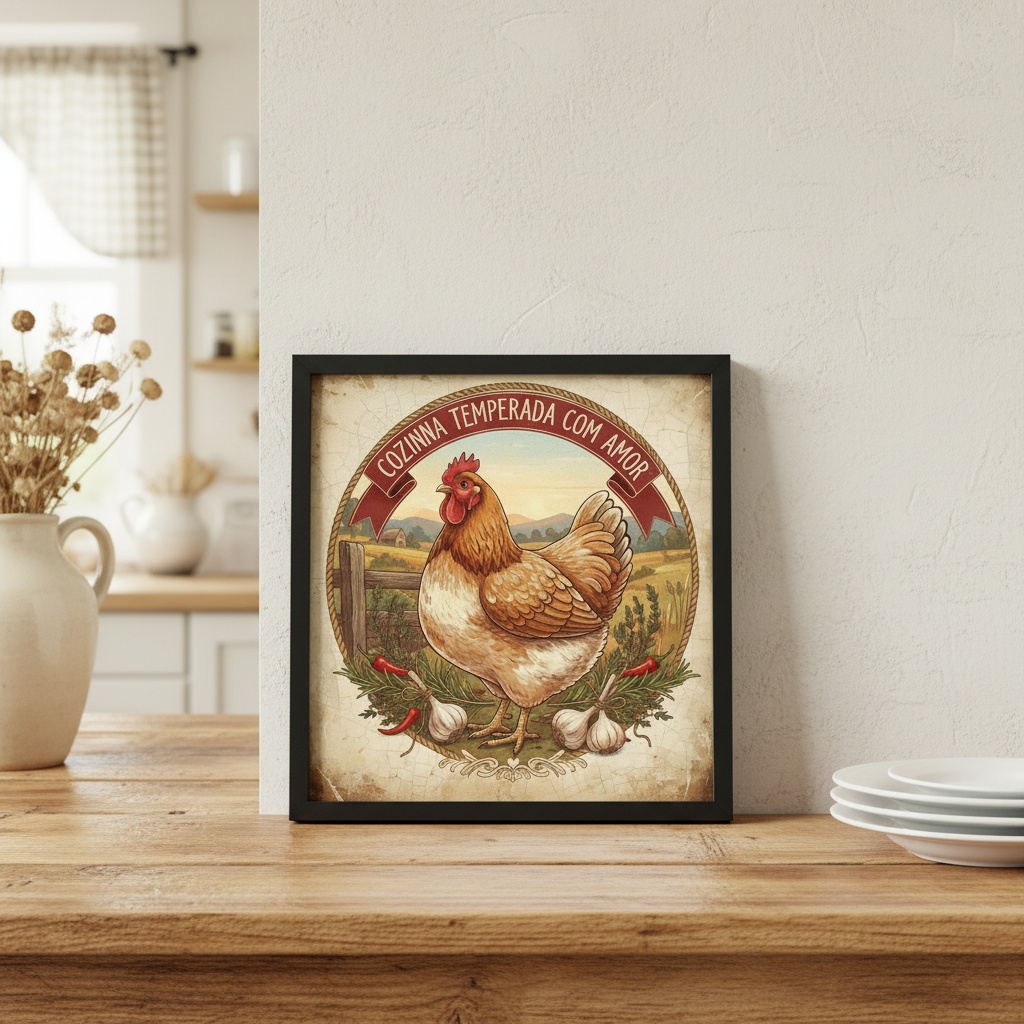 Quadro Country Cozinha Temperada Com Amor - 33x33 Cm