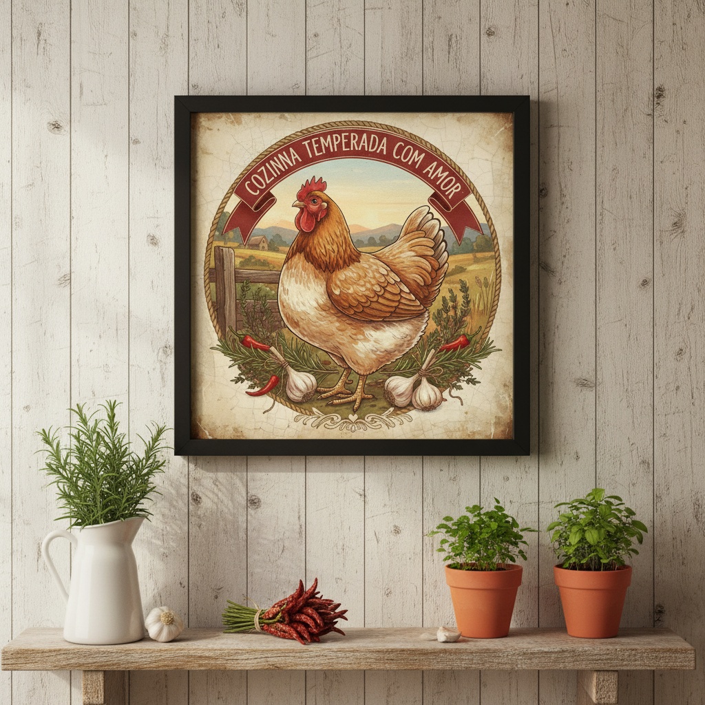 Quadro Country Cozinha Temperada Com Amor - 33x33 Cm
