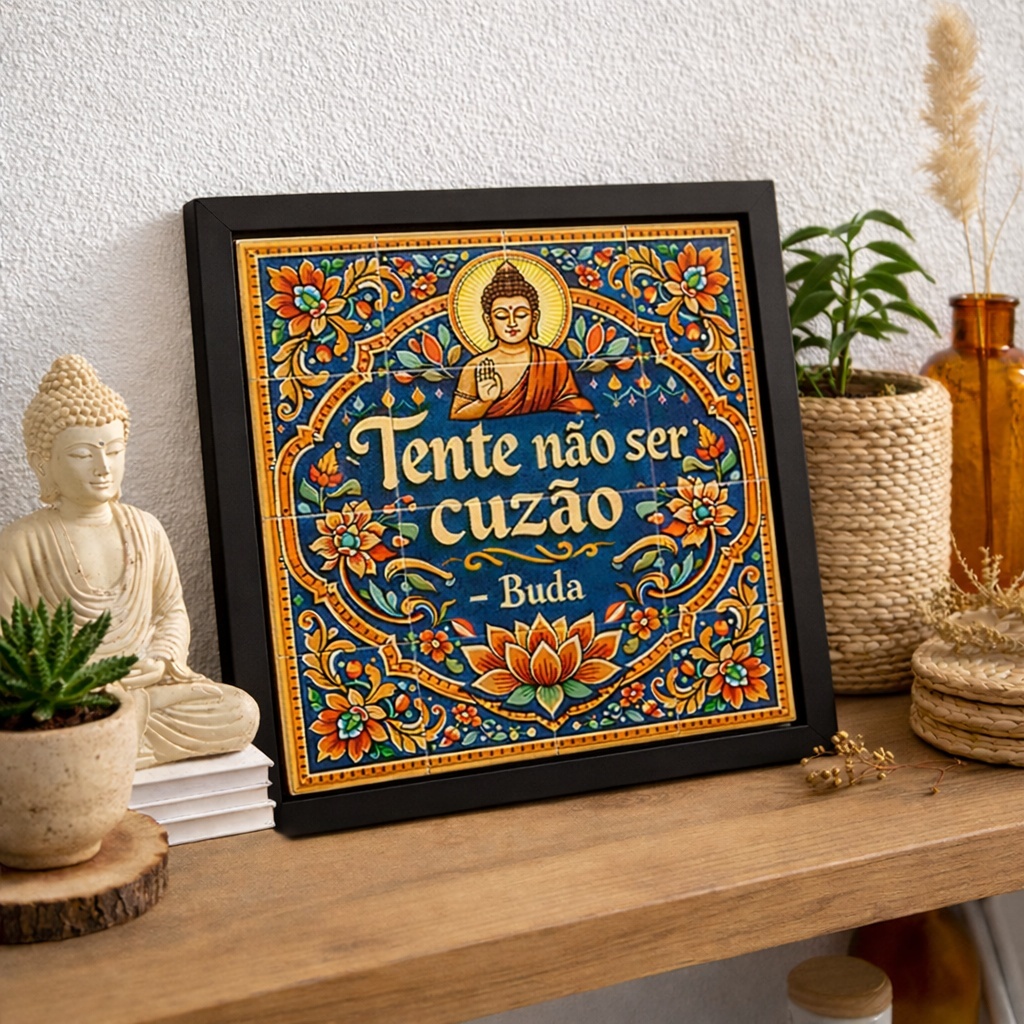 Quadro Estilo Azulejo Frase Divertida ''Buda''- 33x33 Cm