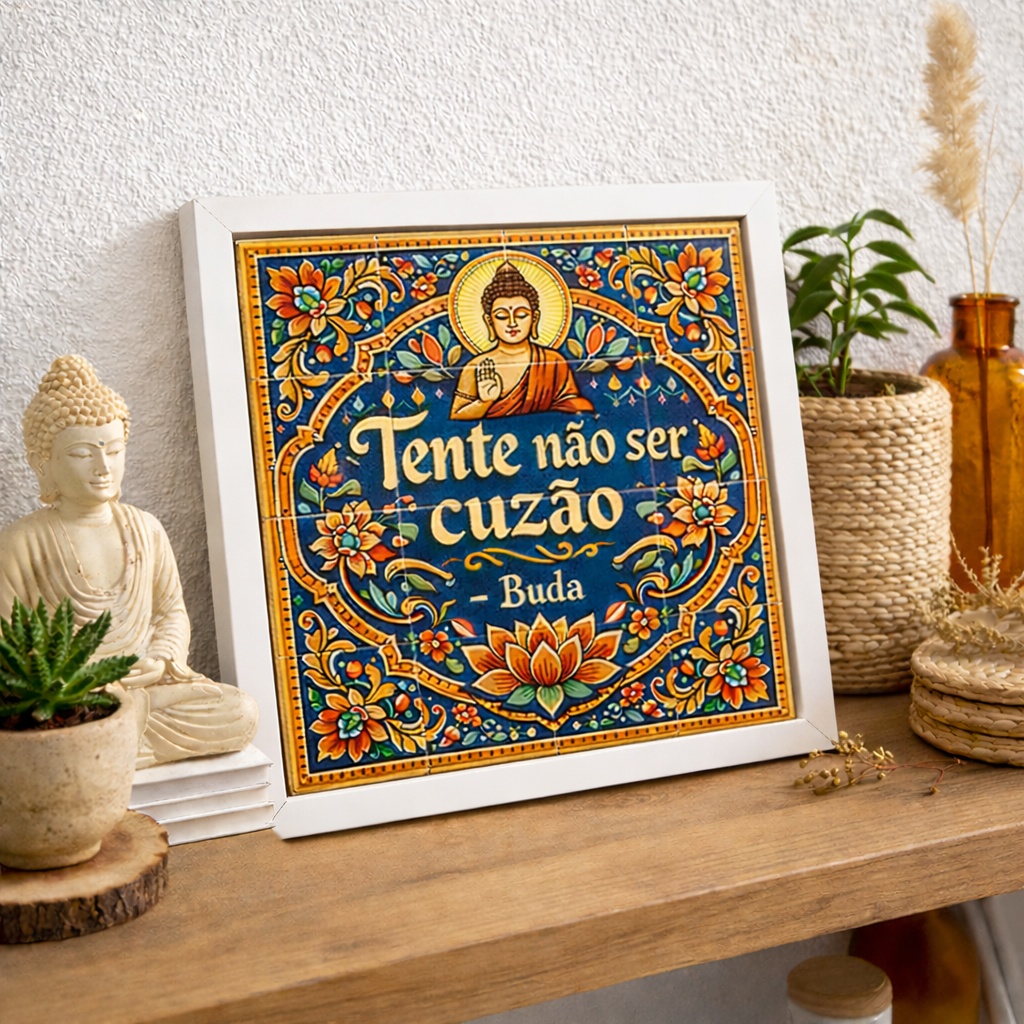 Quadro Estilo Azulejo Frase Divertida ''Buda''- 33x33 Cm