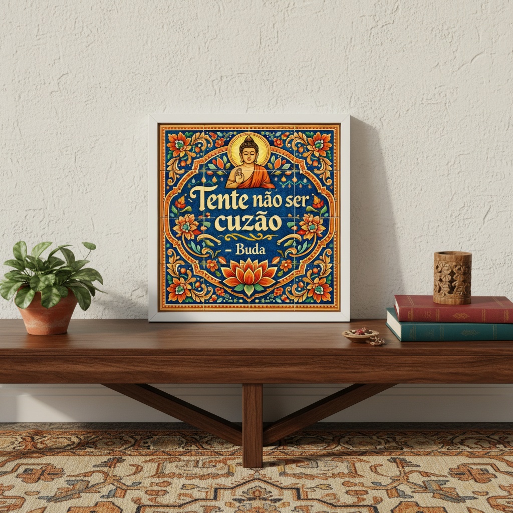 Quadro Estilo Azulejo Frase Divertida ''Buda''- 33x33 Cm
