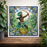 Quadro Estilo Azulejo Orixá Oxóssi - 33x33 Cm