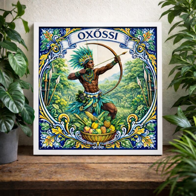 Quadro Estilo Azulejo Orixá Oxóssi - 33x33 Cm