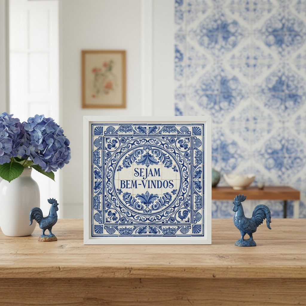 Quadro Estilo Azulejo Português Sejam Bem-Vindos -33x33 Cm