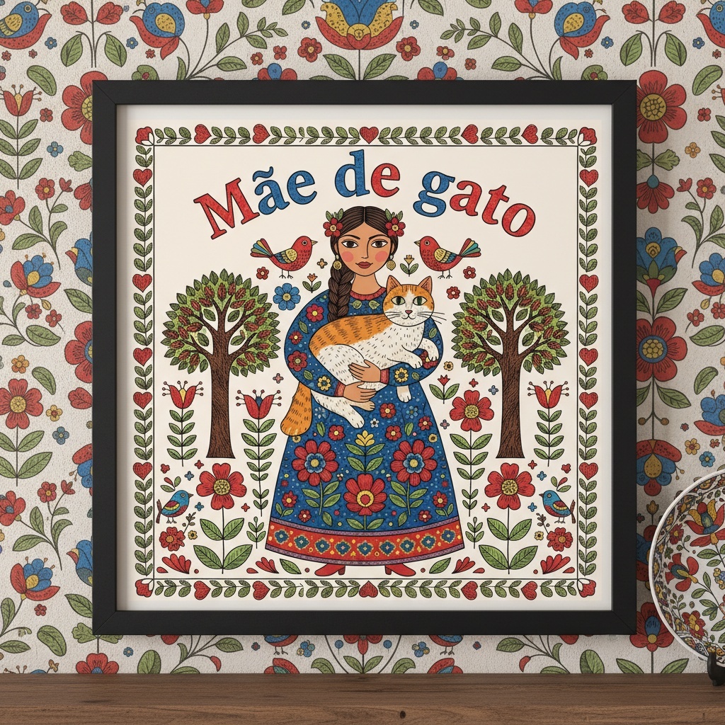 Quadro Folk Art - Mãe de Gato - 33x33 Cm