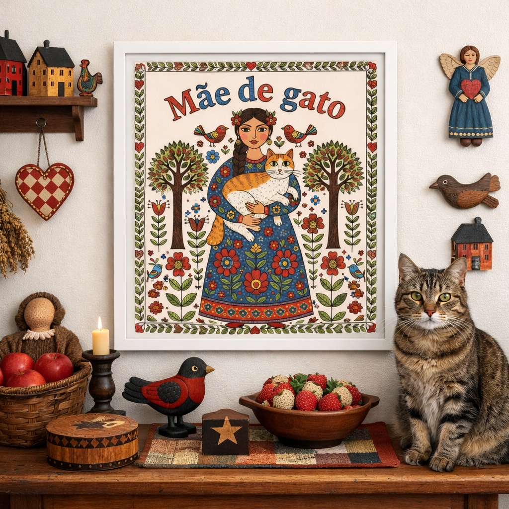 Quadro Folk Art - Mãe de Gato - 33x33 Cm