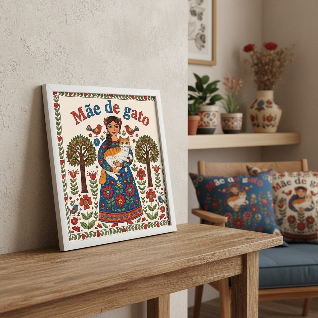 Quadro Folk Art - Mãe de Gato - 33x33 Cm