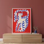 Quadro Gato Arte Moderna Vermelho e Azul - 70x50 Cm
