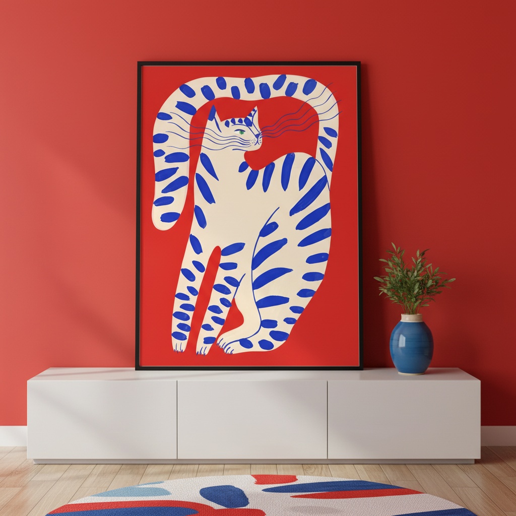 Quadro Gato Arte Moderna Vermelho e Azul - 70x50 Cm
