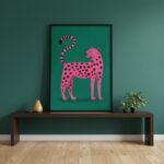 Quadro Leopardo Artístico Rosa e Verde- 70x50 Cm