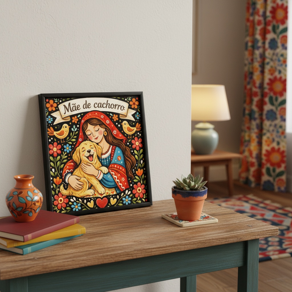 Quadro Mãe De Cachorro - Folk Art - 33x33 Cm