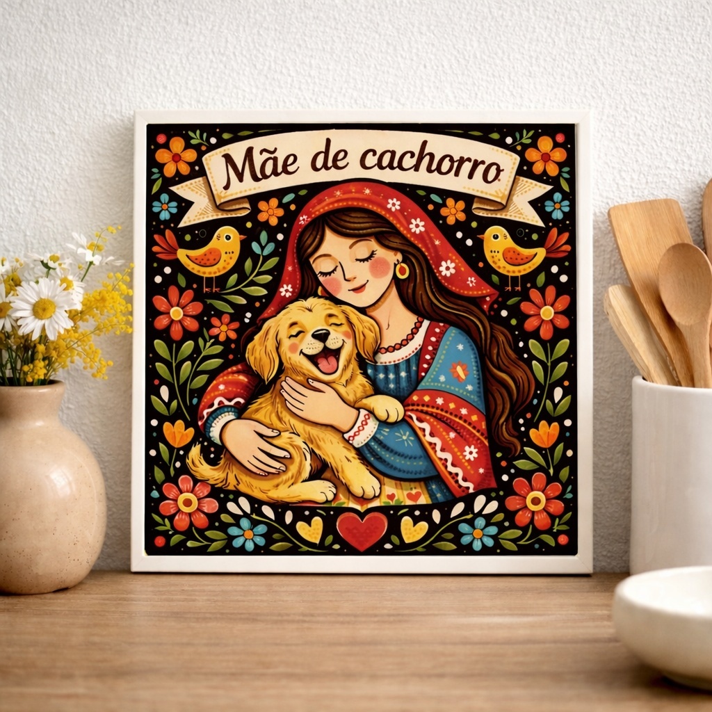 Quadro Mãe De Cachorro - Folk Art - 33x33 Cm