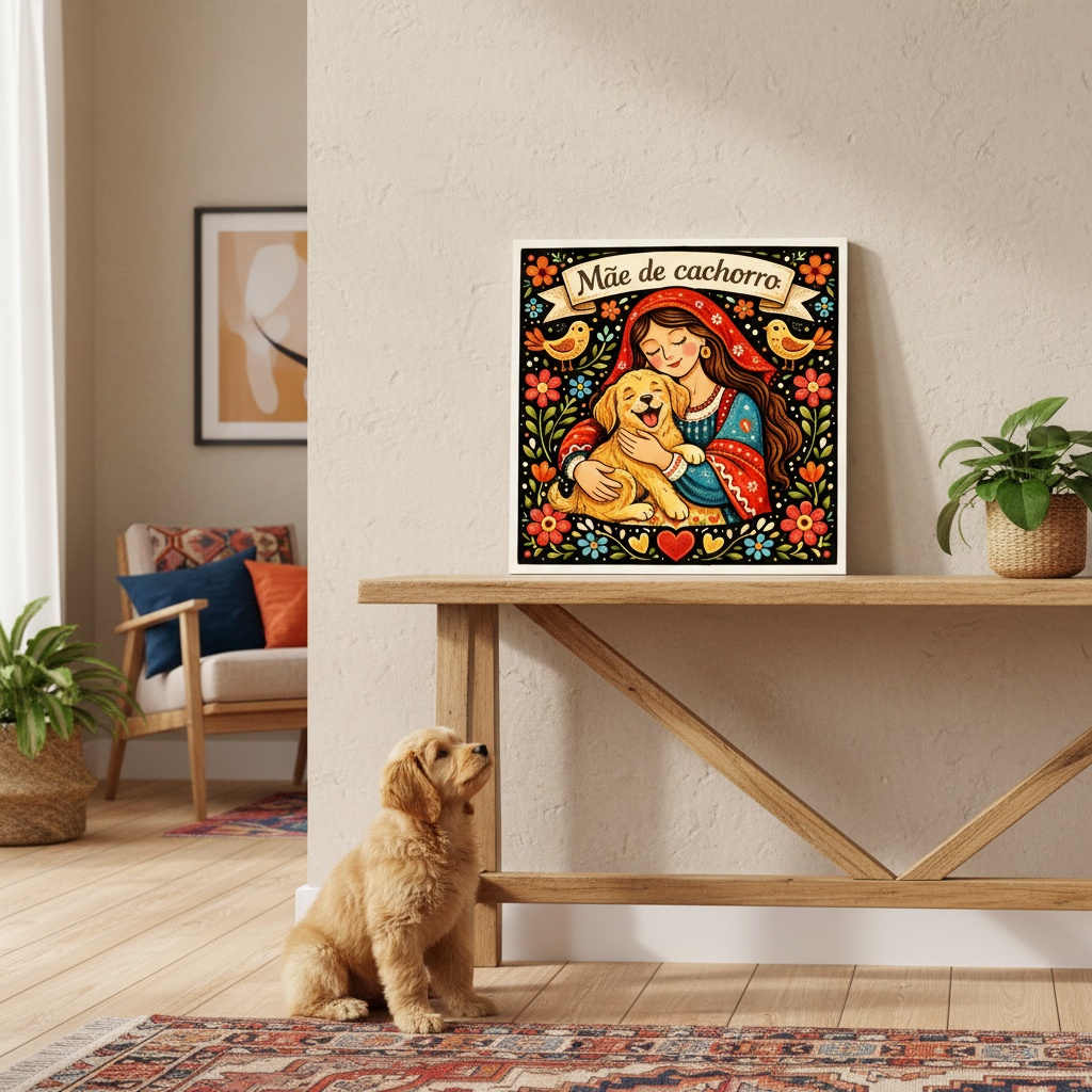 Quadro Mãe De Cachorro - Folk Art - 33x33 Cm
