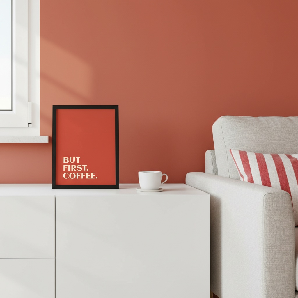 Quadro Minimalista But First Coffee Vermelho
