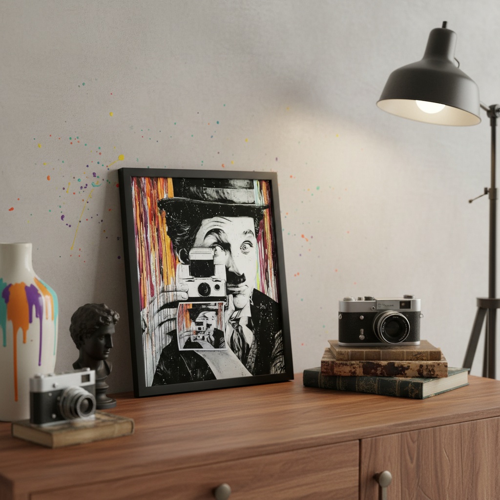 Quadro POP ART Charlie Chaplin Tirando Foto
