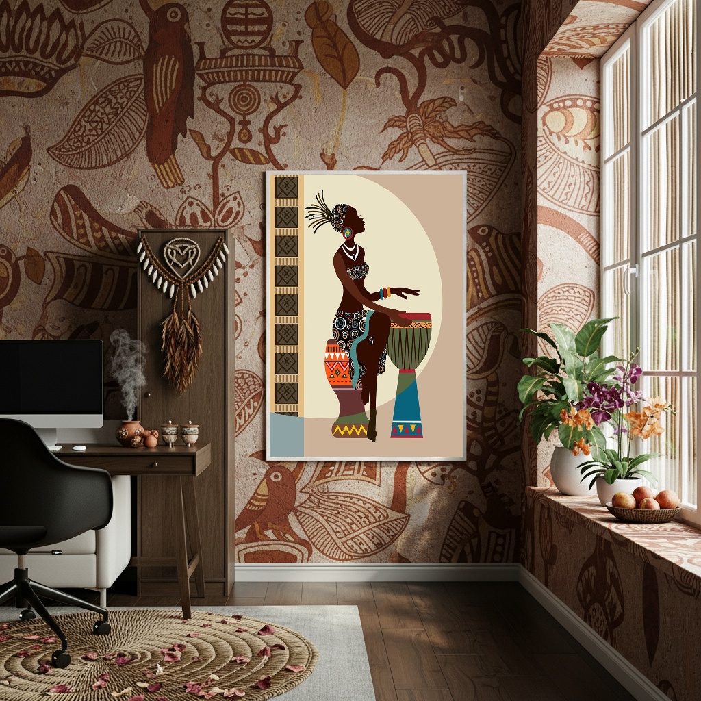 Quadro Decorativo Africana Tocando Tambor - 70x50cm