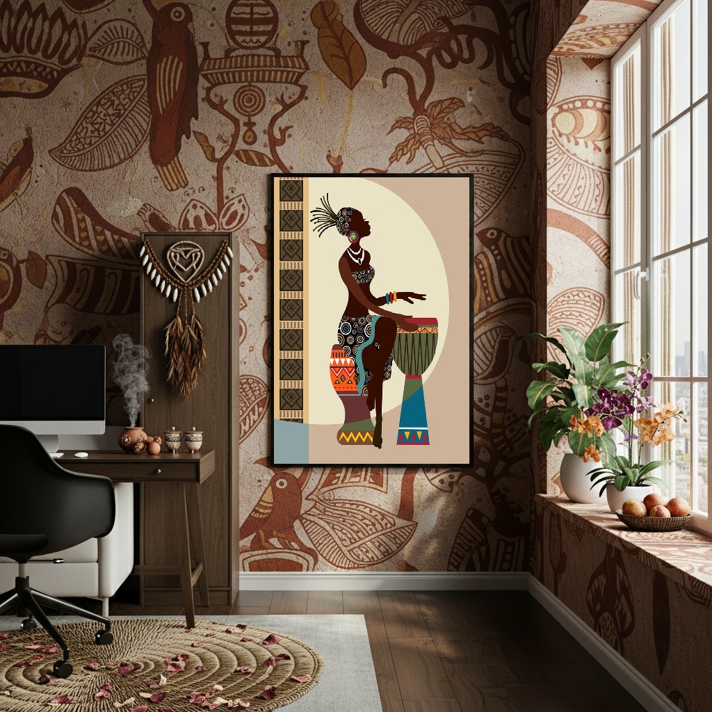 Quadro Decorativo Africana Tocando Tambor - 70x50cm