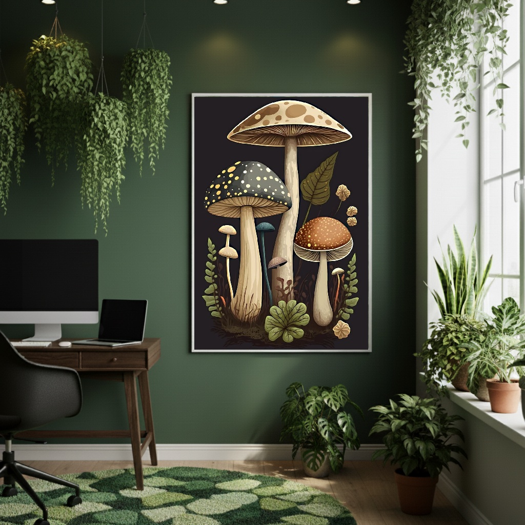 Quadro Decorativo Cogumelos Verdes - 70x50cm