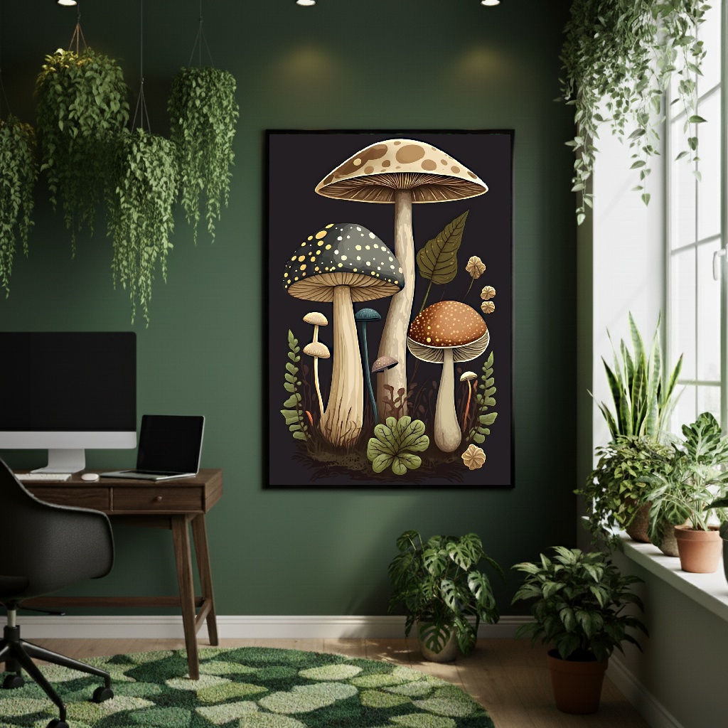 Quadro Decorativo Cogumelos Verdes - 70x50cm
