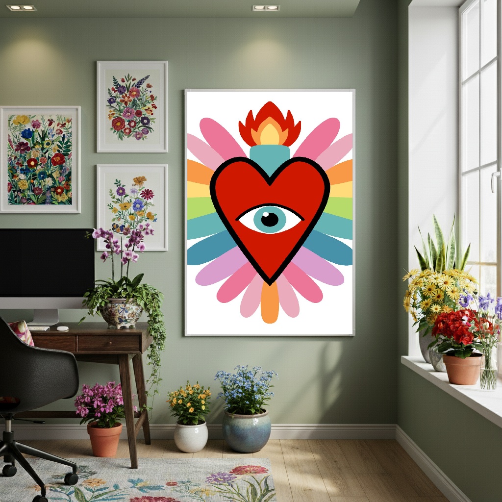 Quadro Decorativo Coração Com Olho No Centro - 70x50cm