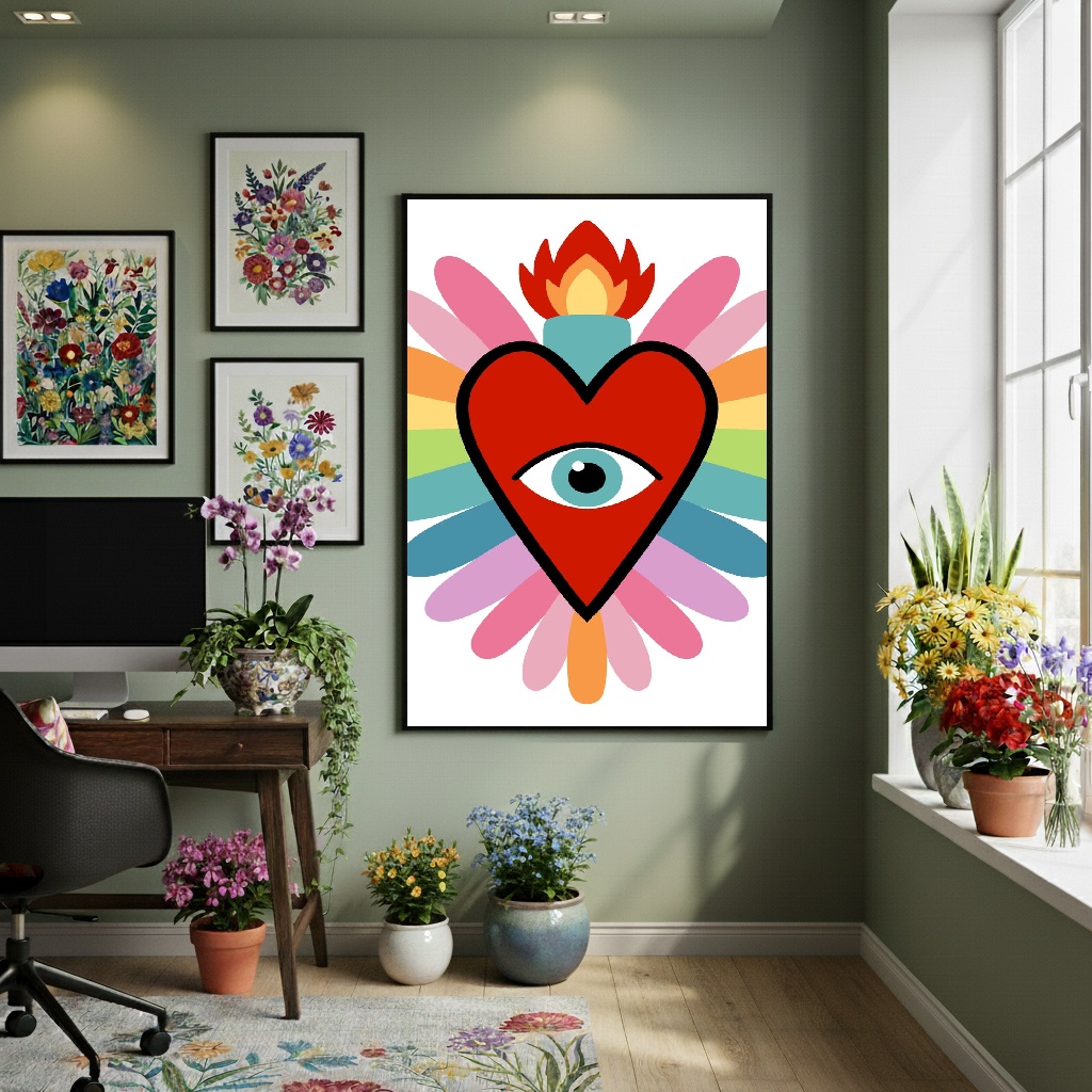 Quadro Decorativo Coração Com Olho No Centro - 70x50cm
