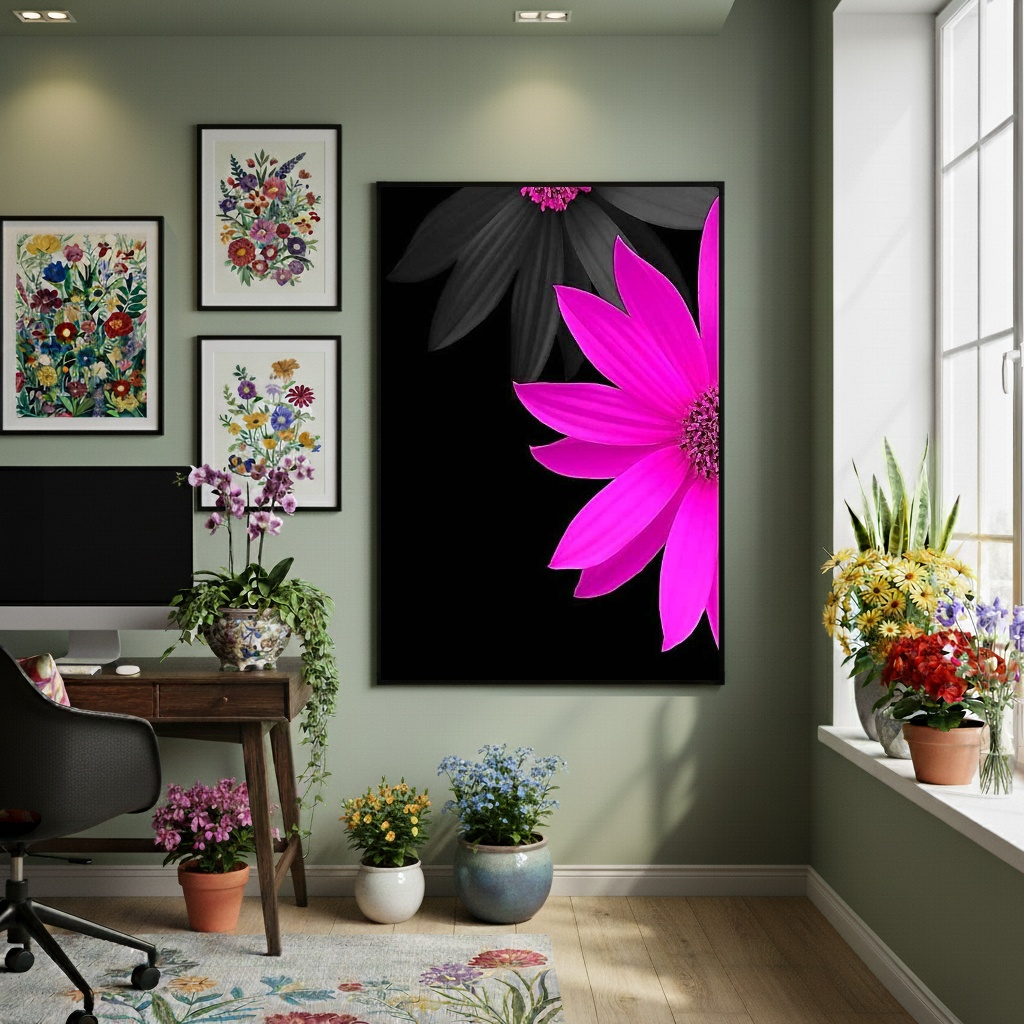 Quadro Decorativo Flor Rosa Artificial - 70x50cm
