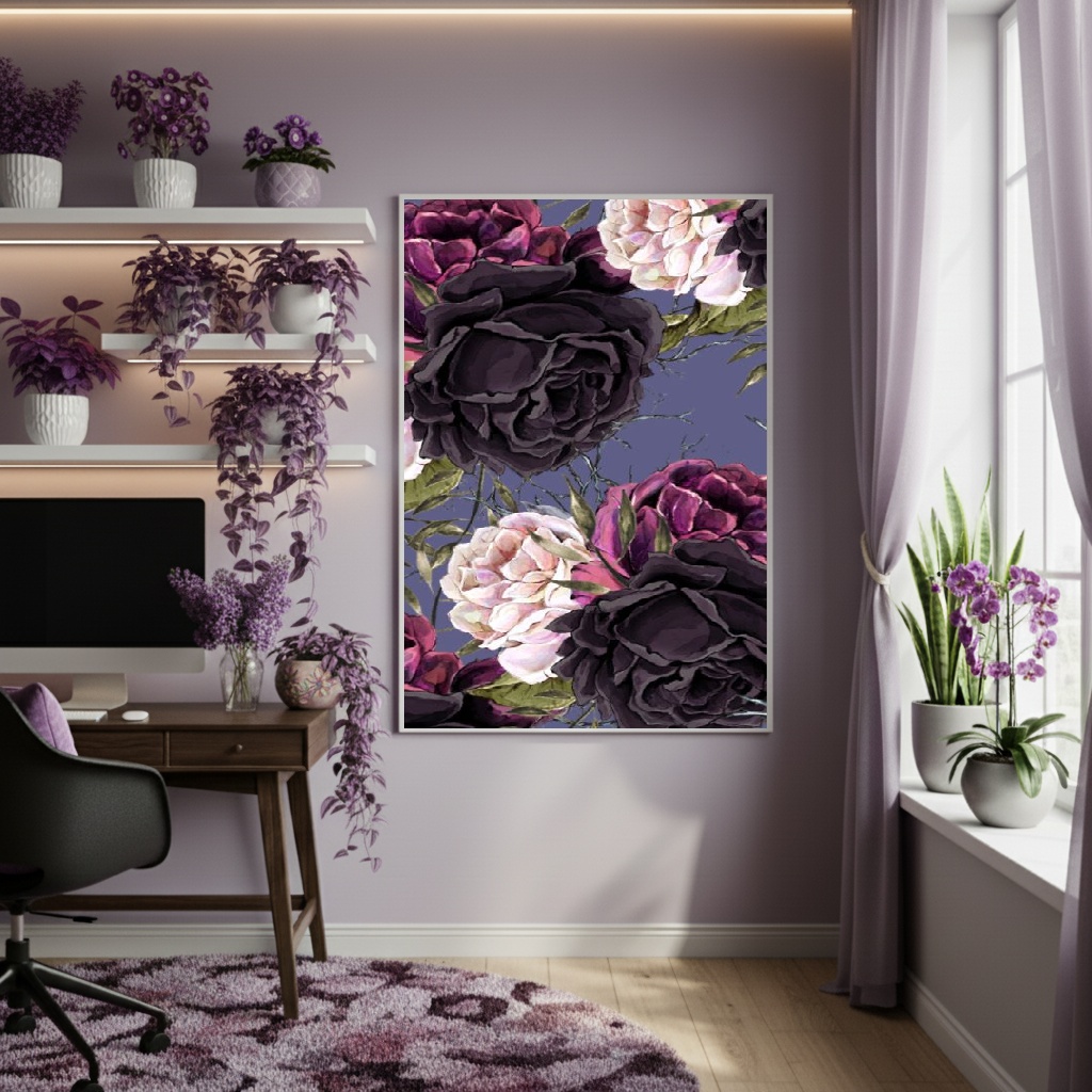 Quadro Decorativo Floral Roxo Escuro - 70x50cm