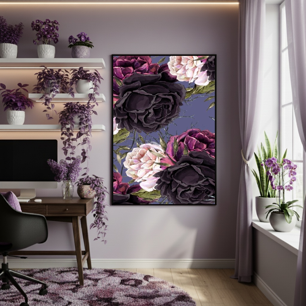 Quadro Decorativo Floral Roxo Escuro - 70x50cm