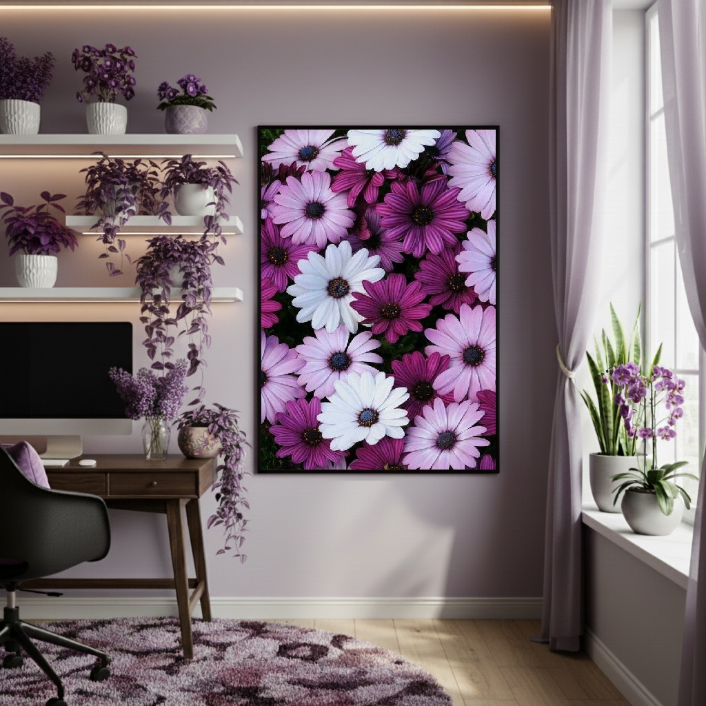 Quadro Decorativo Flores Brancas E Roxas - 70x50cm