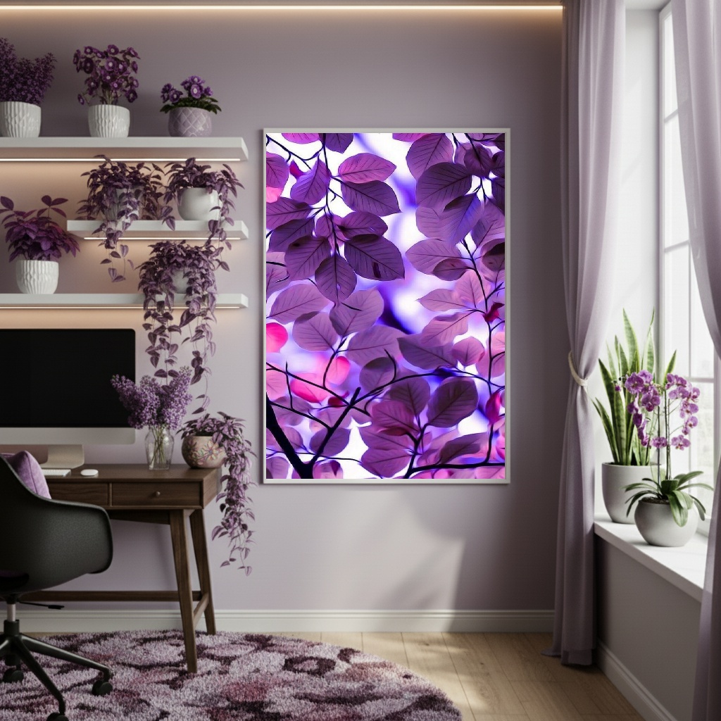 Quadro Decorativo Folhas Cor Roxo Vibrante - 70x50cm