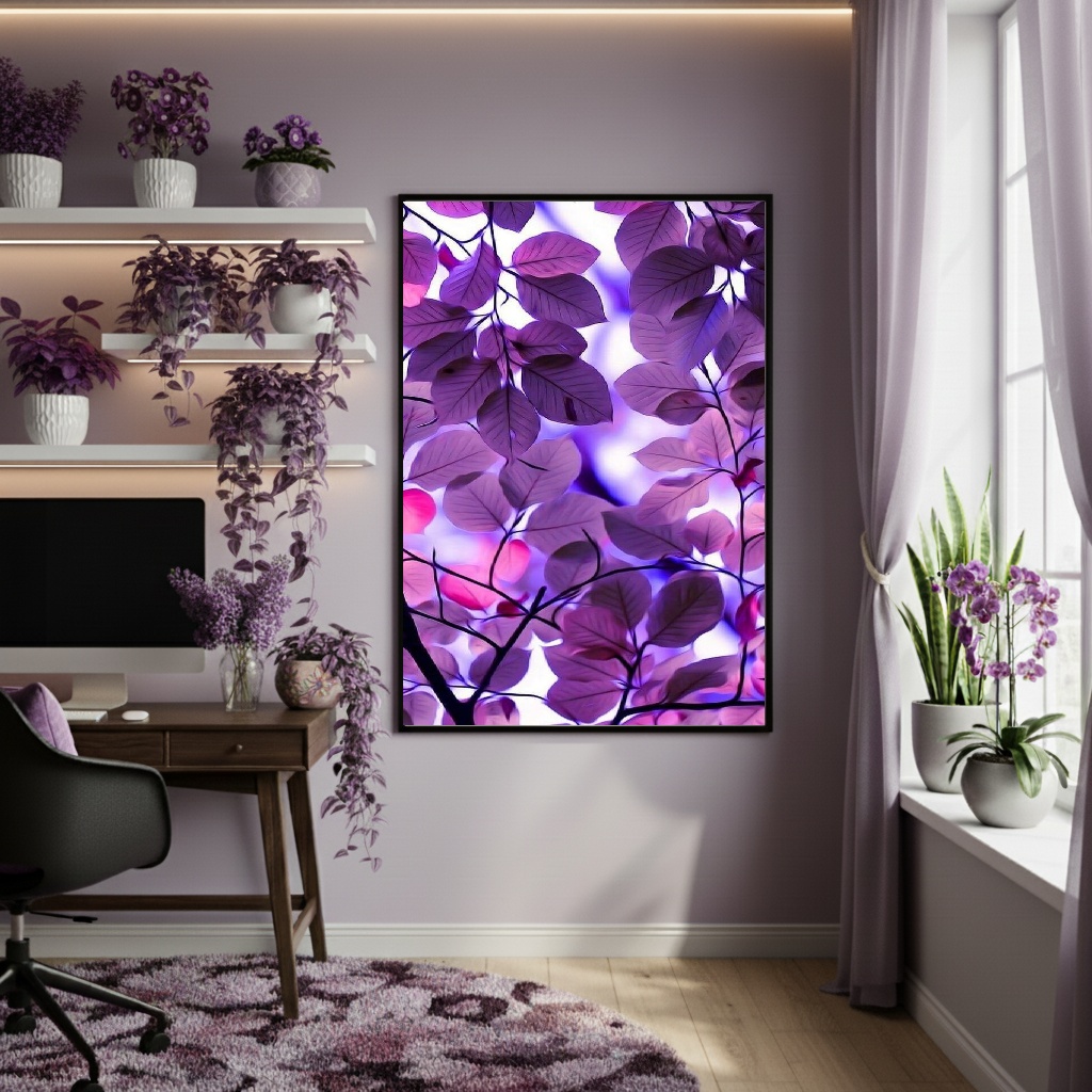 Quadro Decorativo Folhas Cor Roxo Vibrante - 70x50cm
