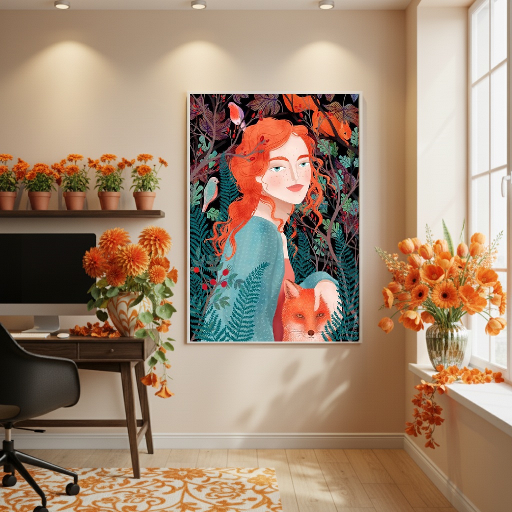 Quadro Decorativo Ruiva E Amigo Raposo - 70x50cm