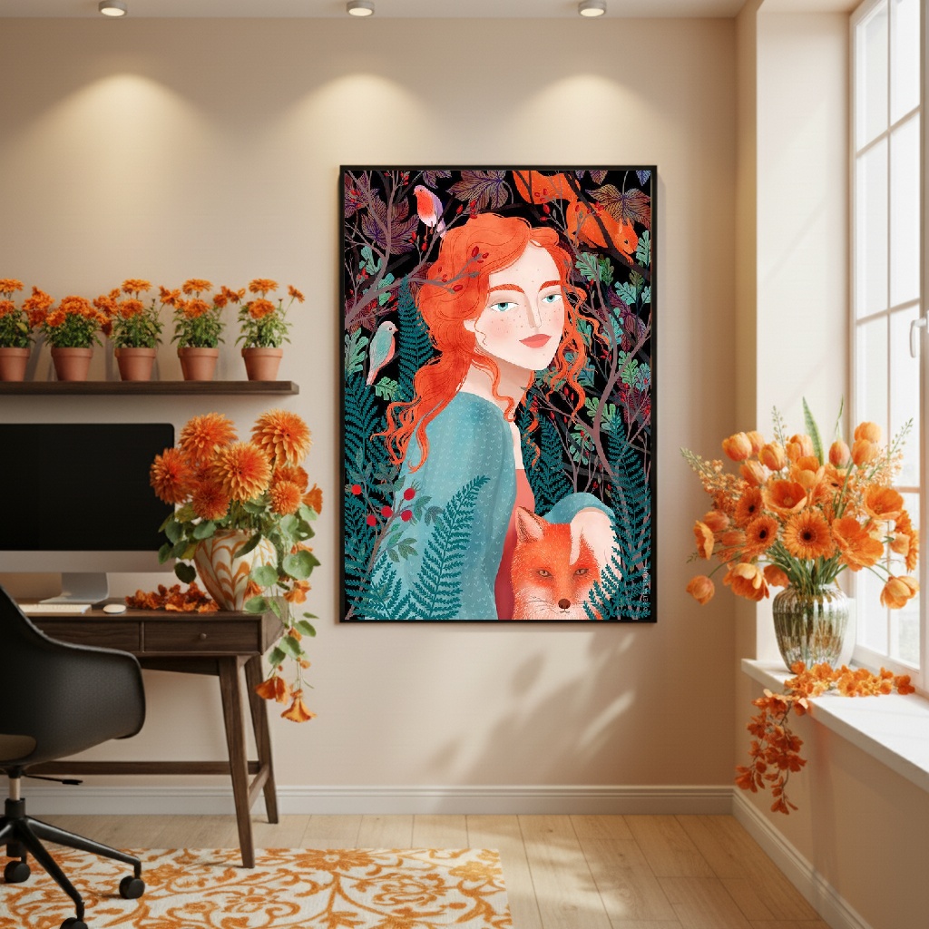 Quadro Decorativo Ruiva E Amigo Raposo - 70x50cm