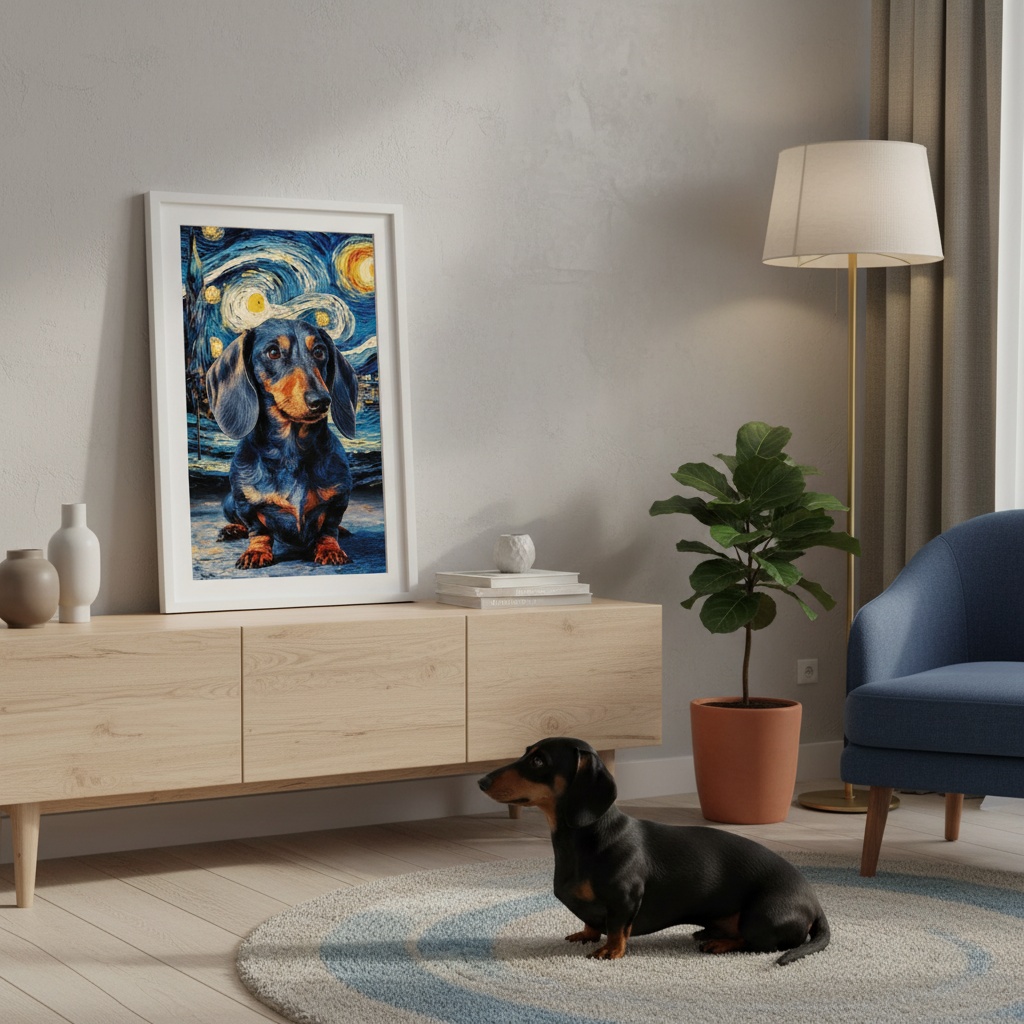 Quadro Cão Dachshund Van Gogh - 70x50 Cm