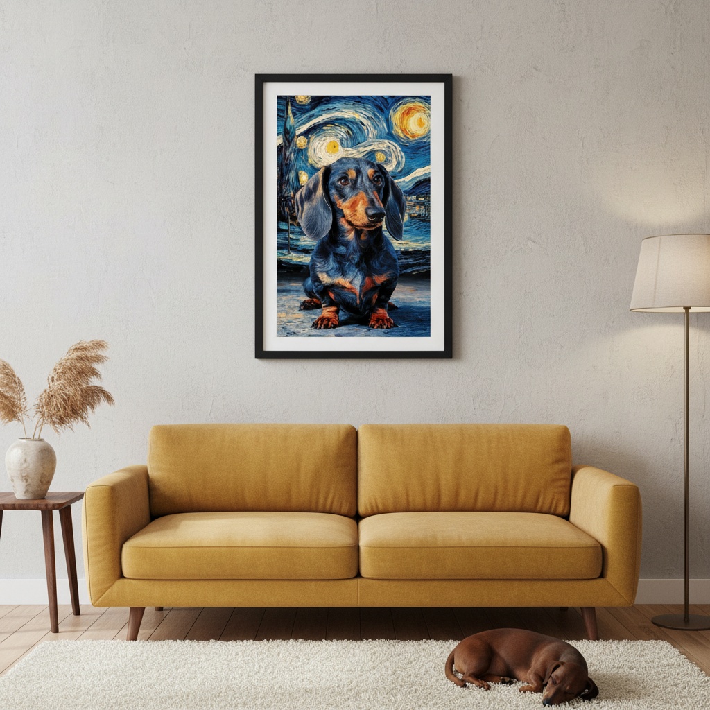 Quadro Cão Dachshund Van Gogh - 70x50 Cm