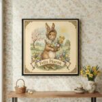 Quadro Coelha Vintage Feliz Páscoa - 33x33 Cm