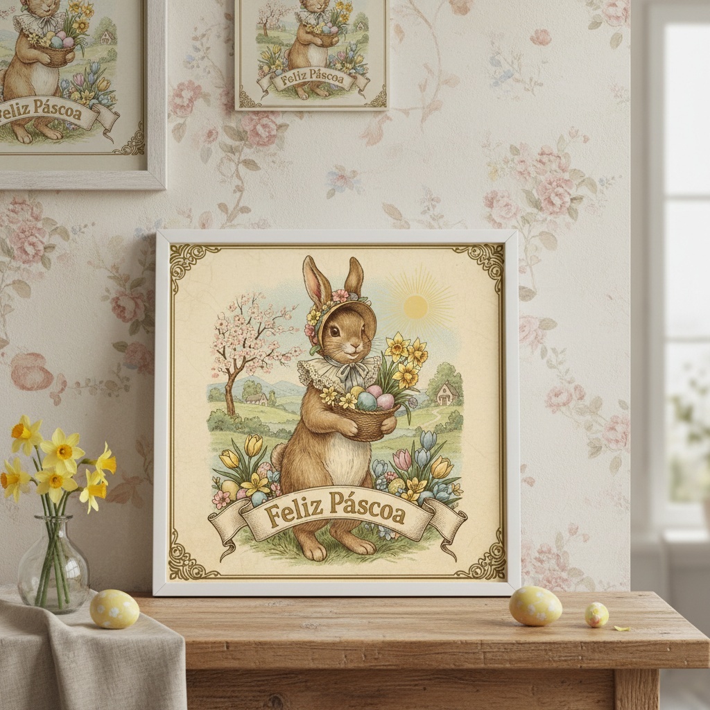 Quadro Coelha Vintage Feliz Páscoa - 33x33 Cm
