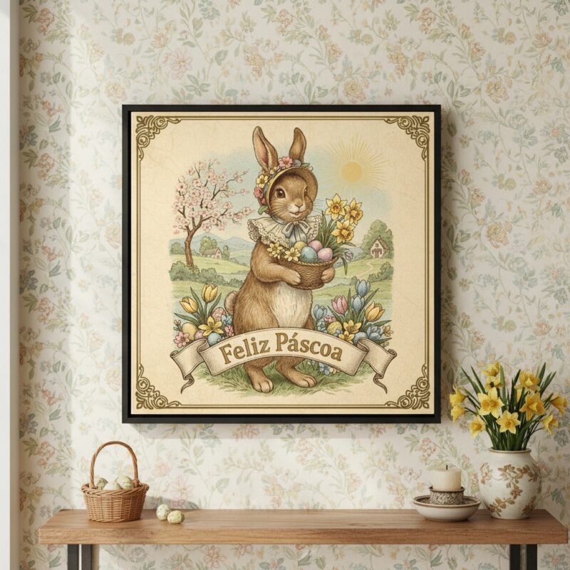 Quadro Coelha Vintage Feliz Páscoa - 33x33 Cm